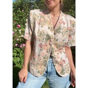80s Leslie Fay Linen Blend Floral Jacket Blazer Grandmacore Vintage